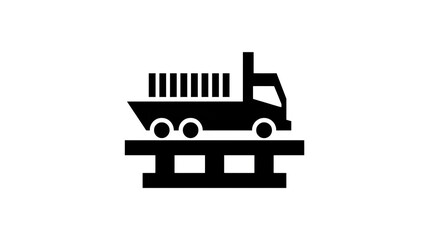 Filled black icon of shipping dock with transport trailer backed in, white background