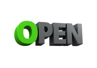 Isolated 3D 'Open' Sign with a Contrasting Green 'O' for Business Hours