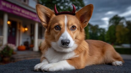 halloween concept. Corgi with devil horns lying outside a building.