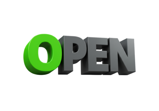 Isolated 3D 'Open' Sign with a Contrasting Green 'O' for Business Hours