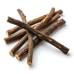 Dried licorice root pieces isolated on white background, showing their fibrous texture and sweet,