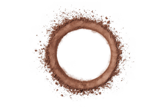 Ring of cocoa powder circle dust, brown makeup powder texture, cosmetic product, ingredient, isolated on transparent background