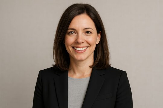 Professional headshot of confident brunette woman with warm smile in contemporary business setting - Powered by Adobe