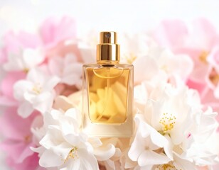 Elegant Fragrance Golden Perfume Bottle Amidst Soft Floral Hues, Enhancing Feminine Beauty