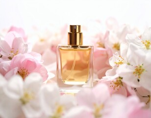 Floral Fragrance Aromatic Perfume Bottle Surrounded by Delicate Blossoms for Feminine Beauty