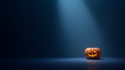 A glowing Halloween Jack-o’-Lantern sits under a spotlight in a pitch-blue dark room.