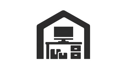 Filled black icon of warehouse office with computer system, isolated on white