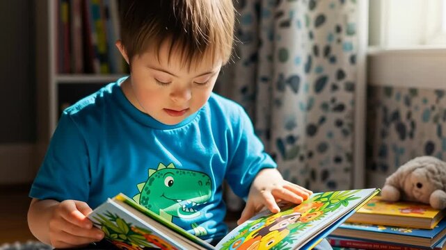 Young boy with down syndrome reading a story book. Concept of early education and cognitive development for special needs child. Footage.