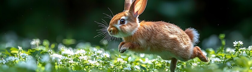 Obraz premium Joyful rabbit leaping through a lush green meadow
