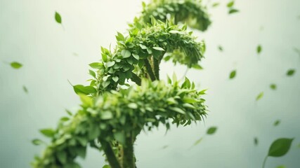 A lush DNA double helix made of leaves and vines slowly rotates, with new leaves sprouting and drifting in the air, symbolizing nature, genetics, and the cycle of life. - Powered by Adobe
