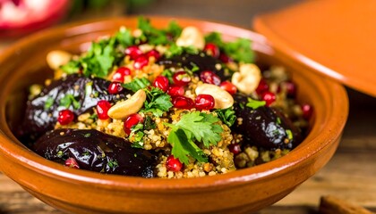 A vibrant dish of cooked grains, plums, and nuts
