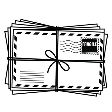 Black and white vector of stacked mail tied with string featuring bold fragile stamp, parcel bundle, postal delivery illustration