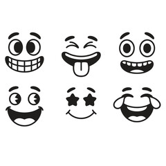 Black and white vector set of cartoon emojis including big toothy grin, giggle, tongue out, rolling eyes, cheeky smile, star eyes and joyful tears