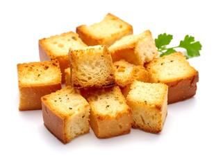 Golden toasted croutons and fresh parsley garnish on a white background