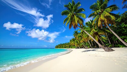 A pristine white sand beach with leaning palm trees next to a calm turquoise ocean under a blue sky.
