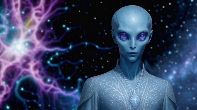 Arcturian alien with glowing purple eyes and cosmic background, symbolizing higher consciousness and extraterrestrial wisdom