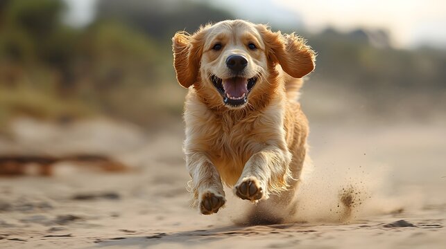 Joyful golden retriever running on the beach - Powered by Adobe