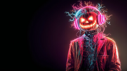 Halloween neon Jack-O’-Lantern with technology style on dark background and wearing headphone