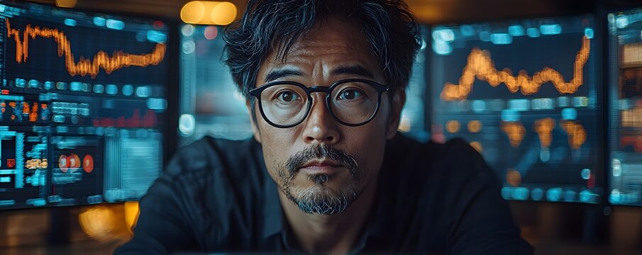 Digital entrepreneur analyzing cryptocurrency trends on multiple monitors in a high tech workspace