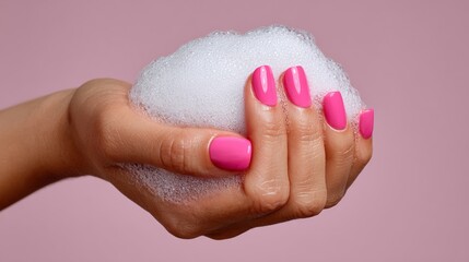 Hand holding a pink bubble bath. Concept of relaxation and indulgence