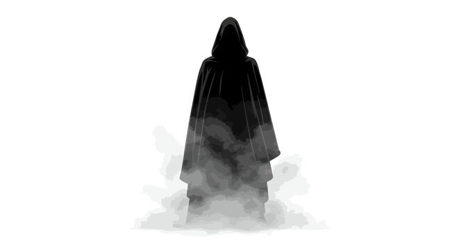A shrouded figure cloaked in shadow emerges from a cloud of gray smoke