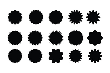 Star burst sticker set. Black flat price tags explosion silhouettes, starburst retro sale badg