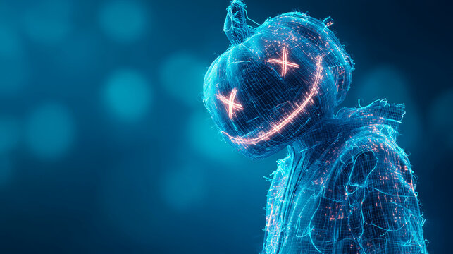 Halloween neon Jack-O’-Lantern with technology style on blue background - Powered by Adobe