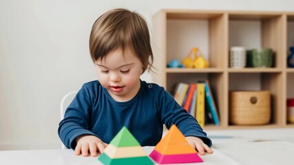 Little boy with down syndrome playing with pyramid stacking toys on a table at home. Inclusive education and early development footage.