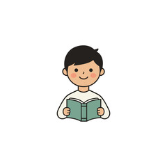A cartoon illustration of a smiling child engrossed in reading a book.