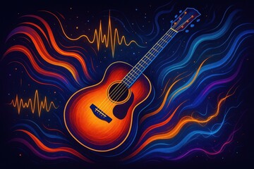 Artistic electric guitar illustration with vibrant color effects and musical energy visualization for music industry and entertainment marketing