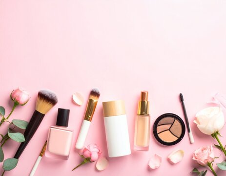Charming Cosmetic Arrangement on Pink Backdrop with Roses for Beauty Blogs