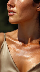 Glowing freckled skin on woman neck and shoulder with natural light highlighting smooth texture and shine