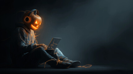 Halloween technology style on gray background with girl  jack o lantern head  holding laptop