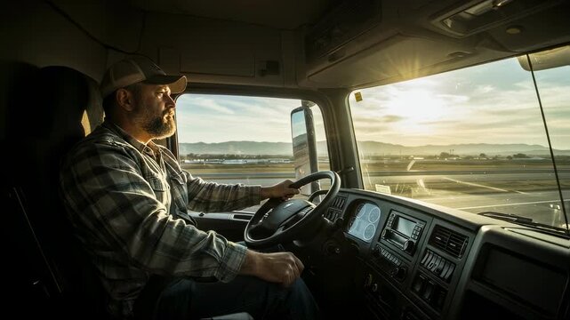 Male truck driver driving a commercial vehicle during sunset. Transportation industry and logistics concept footage.