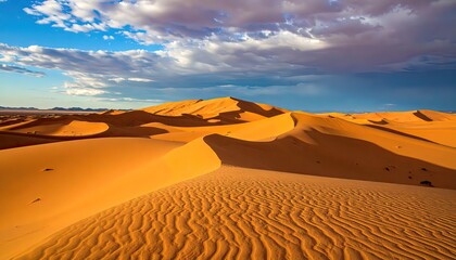 Golden sand dunes with wind-blown ripples under a dramatic cloudy blue sky.