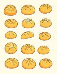 A collection of fifteen cartoon-style bread rolls, showing variations in shape and perspective