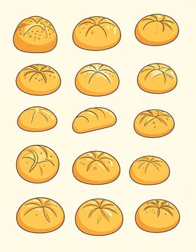 A collection of fifteen cartoon-style bread rolls, showing variations in shape and perspective
