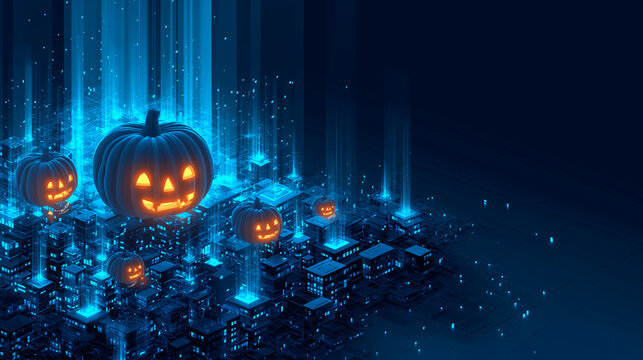 A Halloween digital design in technology style set against a bright blue background.
 - Powered by Adobe