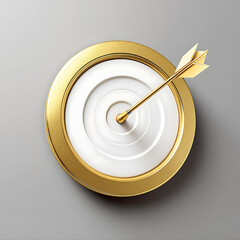 Golden arrow hitting the bullseye of a white and gold target. A concept image for success, achievement, accuracy, goals, and business strategy