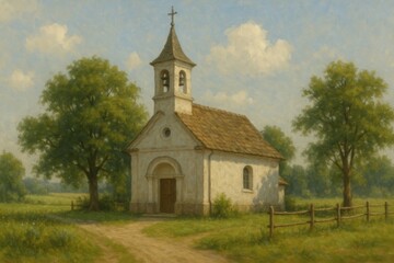 Fototapeta premium Historic chapel architecture with traditional steeple and serene countryside setting for religious and architectural photography