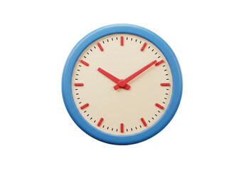 Isolated 3D Render of a Minimalist Wall Clock with Blue Rim and Red Hands, Representing Time and Punctuality