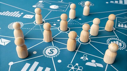 Network diagram with icons and wooden figures on blue background – Business connectivity, networking strategy, abstract, communication, teamwork, organization, interaction, digital