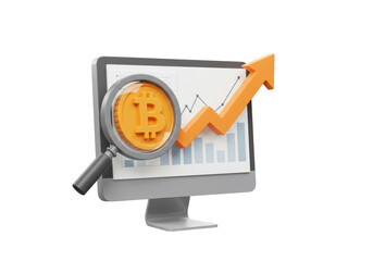 Isolated 3D Render of a Desktop Monitor Displaying Bitcoin Charts with a Magnifying Glass and Rising Arrow, Representing Cryptocurrency Analysis and Market Growth