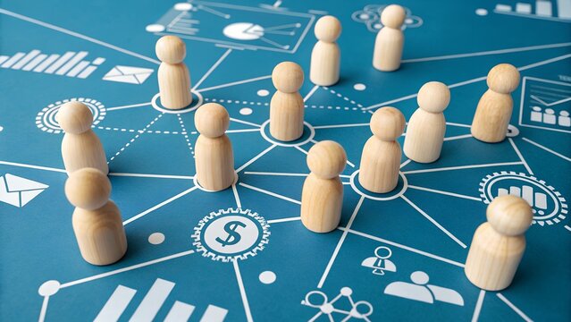 Network diagram with icons and wooden figures on blue background – Business connectivity, networking strategy, abstract, communication, teamwork, organization, interaction, digital