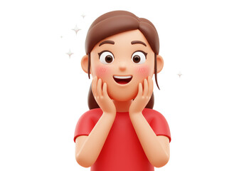 Isolated 3D Character of a Surprised and Happy Girl with Blush on Cheeks, Representing Positive Emotions and Delight