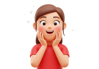 Isolated 3D Character of a Surprised and Happy Girl with Blush on Cheeks, Representing Positive Emotions and Delight