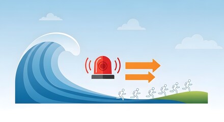 Vector illustration of a tsunami early warning system with people evacuating from a giant tidal wave.