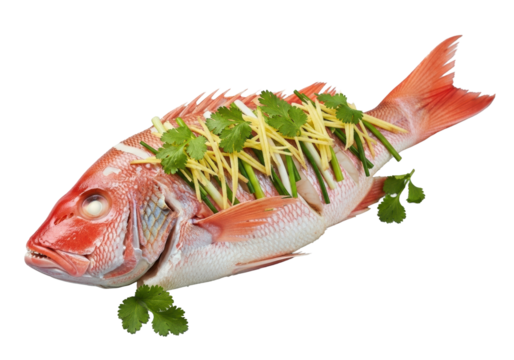 Whole steamed red snapper, traditional Cantonese style, vibrant reddish-pink skin, julienned ginger, scallions, cilantro, on seamless transparent background. Appetizing commercial food photography