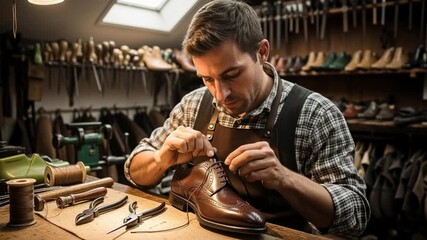 Man making leather shoe in workshop. Professional shoemaker crafting quality footwear. Handmade traditional craft and repair production footage.
