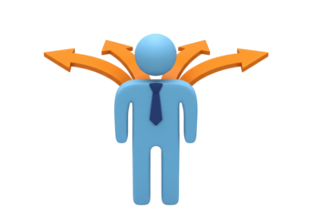 Isolated 3D Character of a Business Man with Multiple Choice Arrows, Representing Decision Making and Options